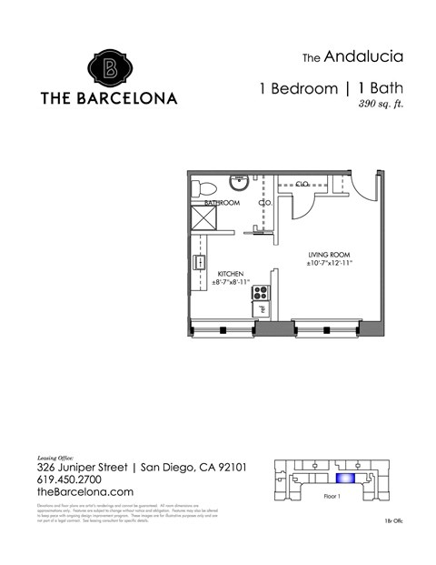 Floor plan for studio, 1 bath, 442 sqft
