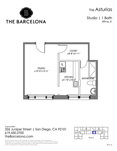 Floor plan for studio, 1 bath, 386 sqft