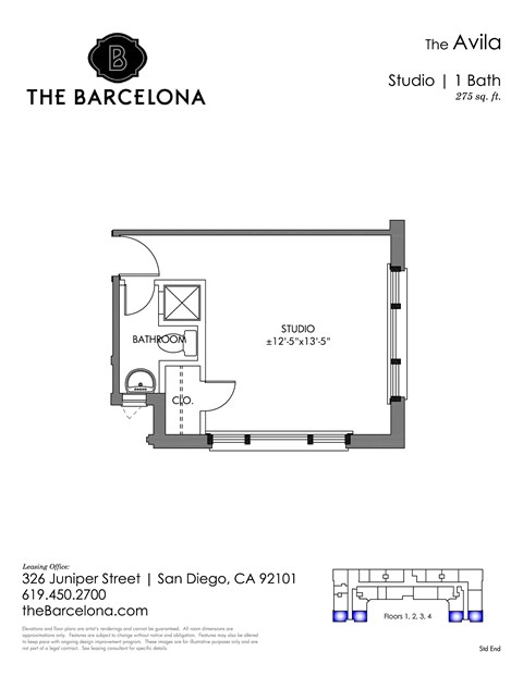 Floor plan for studio, 1 bath, 274 sqft