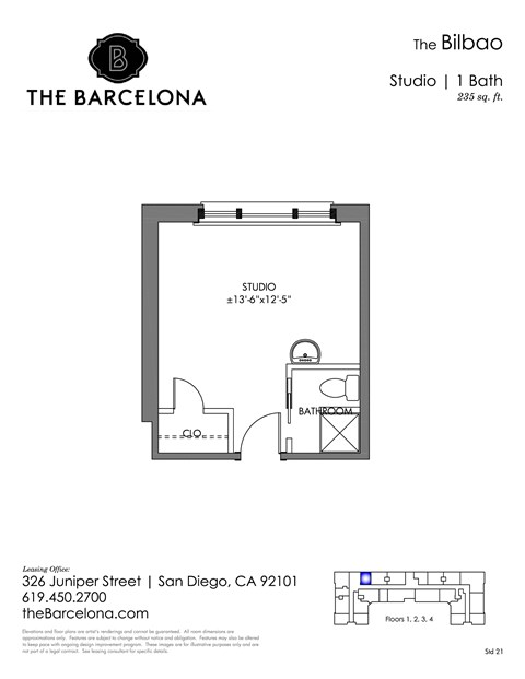 Floor plan for studio, 1 bath, 235 sqft