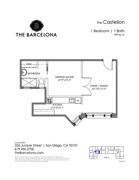 Floor plan for 1 bed, 1 bath, 427 sqft