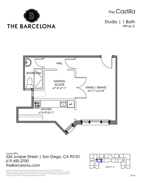 Floor plan for studio, 1 bath, 389 sqft