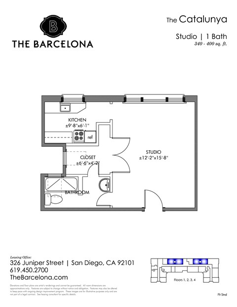 Floor plan for studio, 1 bath, 394 sqft