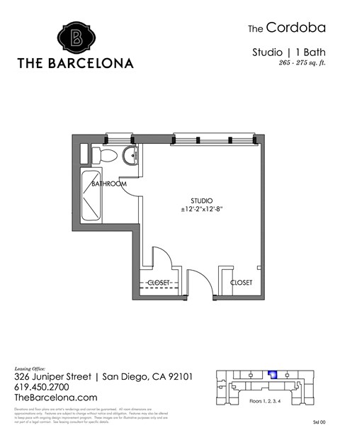 Floor plan for studio, 1 bath, 265 sqft
