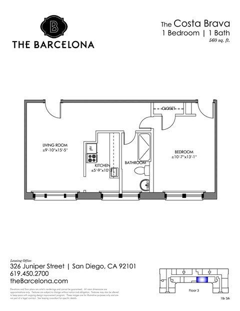 Floor plan for 1 bed, 1 bath, 556 sqft