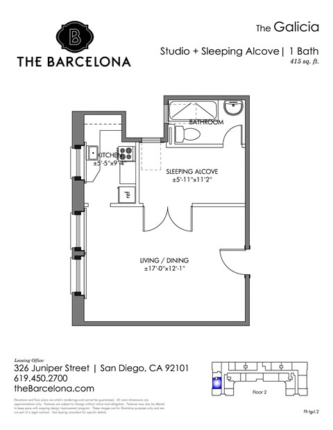 Floor plan for studio, 1 bath, 413 sqft