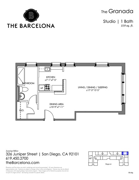 Floor plan for 1 bed, 1 bath, 511 sqft