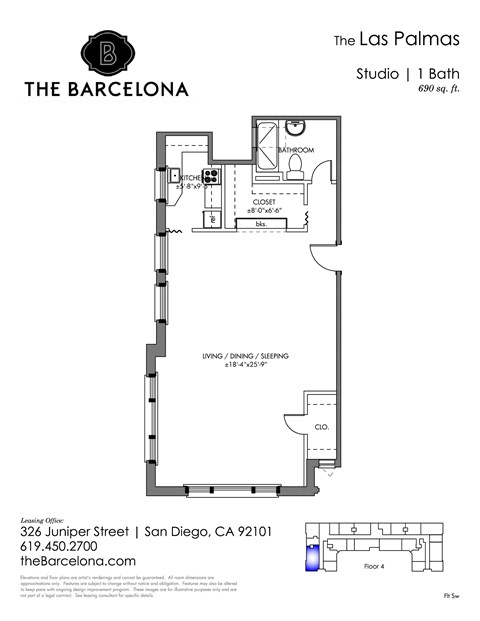 Floor plan for 1 bed, 1 bath, 688 sqft