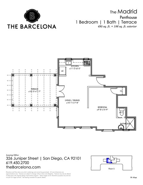 Floor plan for 1 bed, 1 bath, 494 sqft