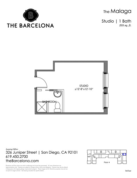 Floor plan for studio, 1 bath, 234 sqft