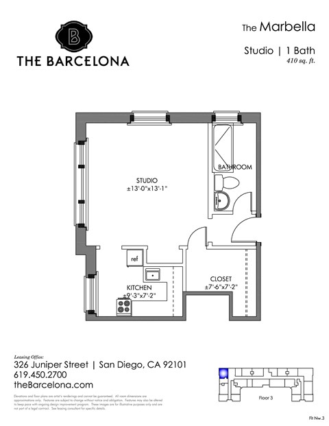 Floor plan for studio, 1 bath, 412 sqft