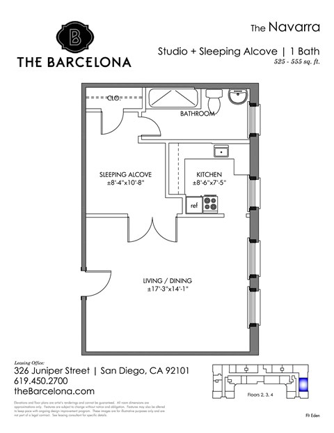 Floor plan for studio, 1 bath, 524 sqft
