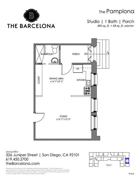 Floor plan for studio, 1 bath, 462 sqft