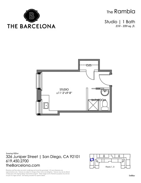 Floor plan for studio, 1 bath, 217 sqft