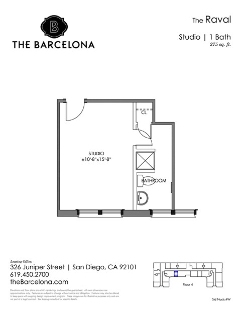 Floor plan for studio, 1 bath, 386 sqft