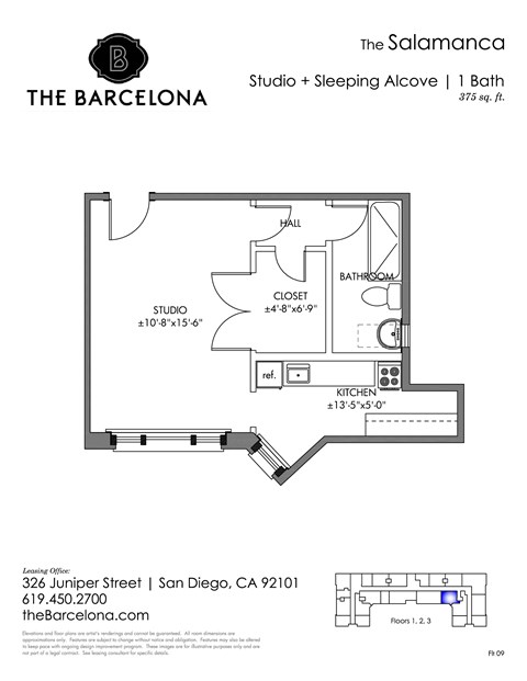 Floor plan for studio, 1 bath, 375 sqft