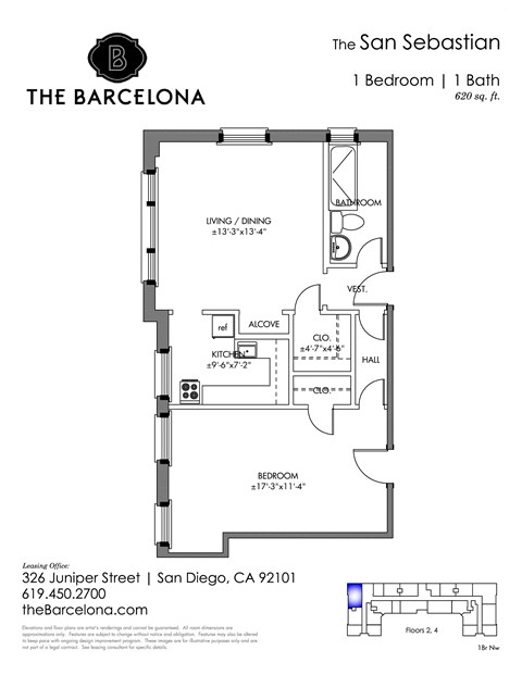 Floor plan for 1 bed, 1 bath, 620 sqft