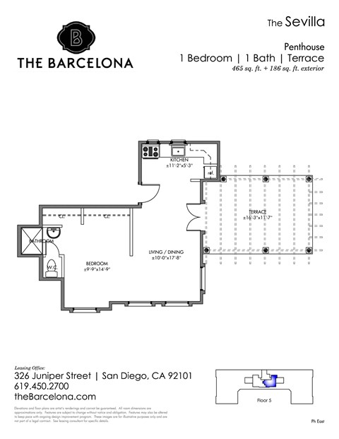 Floor plan for 1 bed, 1 bath, 462 sqft