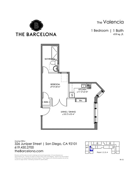 Floor plan for 1 bed, 1 bath, 411 sqft