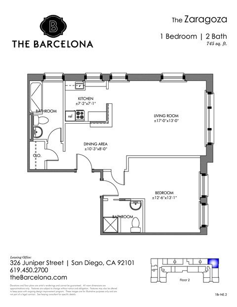 Floor plan for 1 bed, 1 bath, 743 sqft