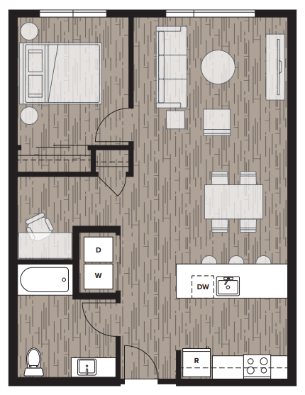 Floor plan for 1 bed, 1 bath, 785 sqft