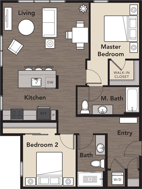 Floor plan for 2 beds, 2 baths, 954 sqft