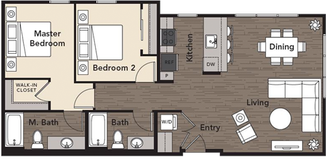 Floor plan for 2 beds, 2 baths, 1011 sqft