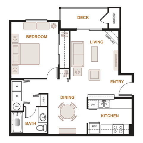 Floor plan for 1 bed, 1 bath, 695 sqft