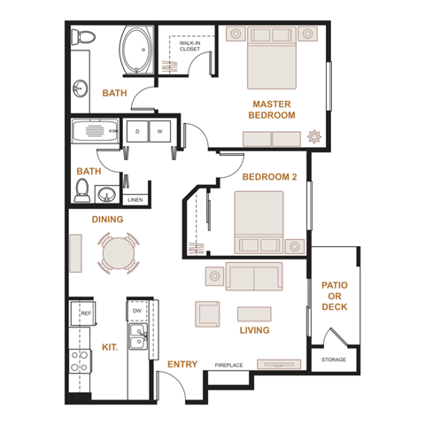 Floor plan for 2 beds, 2 baths, 943 sqft