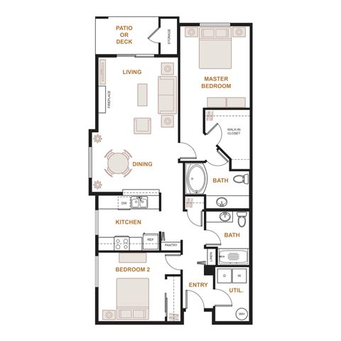 Floor plan for 2 beds, 2 baths, 1091 sqft