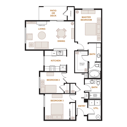Floor plan for 3 beds, 2 baths, 1196 sqft