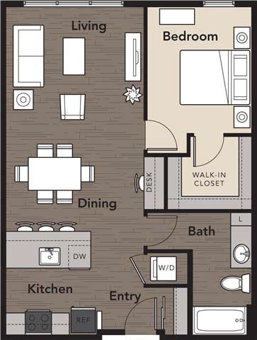 Floor plan for 1 bed, 1 bath, 748 sqft