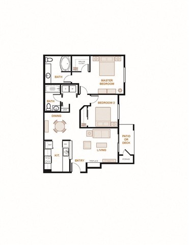 Floor plan for 2 beds, 2 baths, 943 sqft