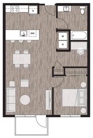 Floor plan for 1 bed, 1 bath, 785 sqft