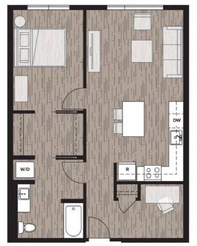 Floor plan for 1 bed, 1 bath, 774 sqft