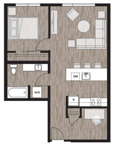 Floor plan for 1 bed, 1 bath, 681 sqft