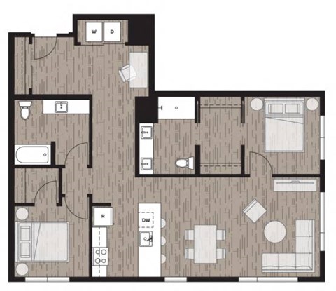 Floor plan for 2 beds, 2 baths, 1176 sqft