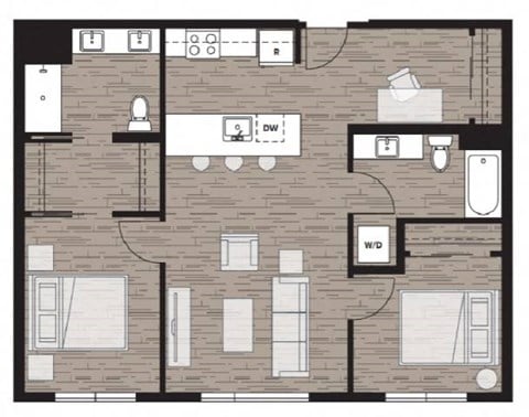 Floor plan for 2 beds, 2 baths, 931 sqft