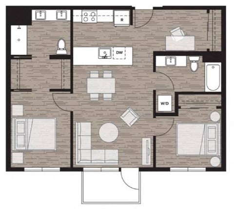 Floor plan for 2 beds, 2 baths, 931 sqft