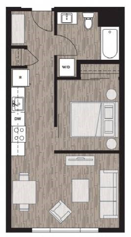 Floor plan for 1 bed, 1 bath, 533 sqft