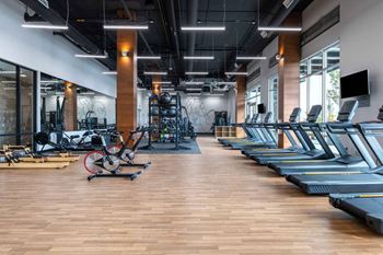 A gym with treadmills and exercise bikes.