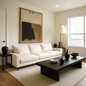 Memphis apartment for rent - A living room with a white couch, a black table, and a painting on the wall.