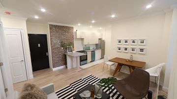 Brooklyn apartment for rent - A living room with a brown chair and a black and white rug.