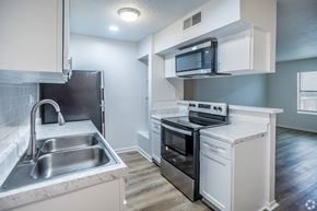 Memphis apartment for rent - A kitchen with a stainless steel sink and a black oven.