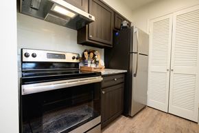 Hendersonville apartment for rent - A kitchen with a black oven and a black fridge.