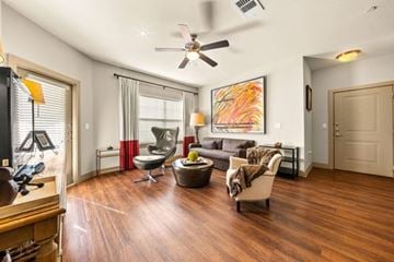 New Braunfels apartment for rent - A living room with a ceiling fan and a painting on the wall.