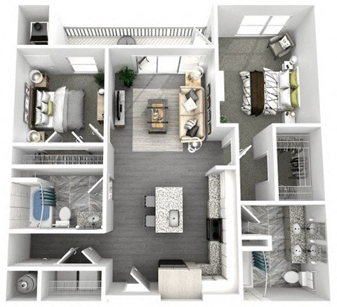 Floor plan for 2 beds, 2 baths, 956 sqft