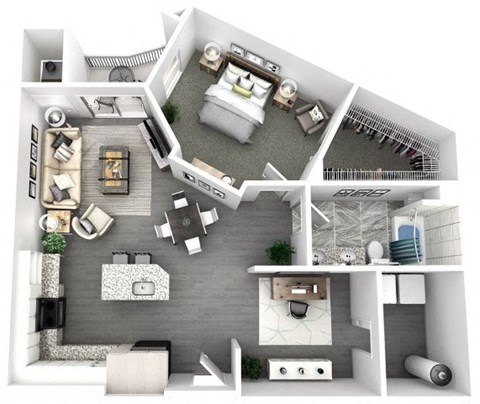 Floor plan for 1 bed, 1 bath, 897 sqft