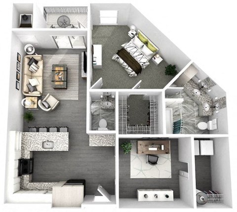 Floor plan for 1 bed, 1.5 baths, 931 sqft