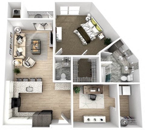 Floor plan for 1 bed, 1.5 baths, 955 sqft